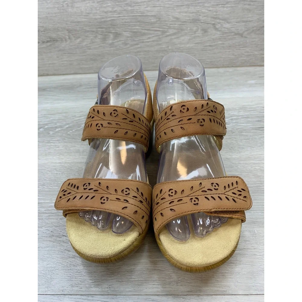 Alegria by PG Lite Roma Tan Leather Laser Cut Wedge Sandals 8 Comfort Shoes